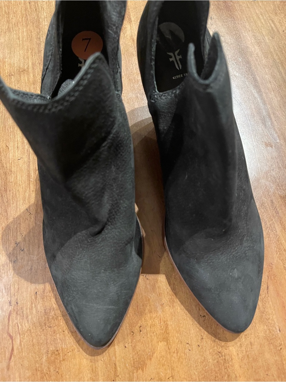 Frye Black Suede Pointed Toe Ankle Booties